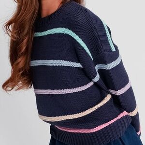 Venacular Oversized Navy Striped Sweater with Pastel Accents, Size XS